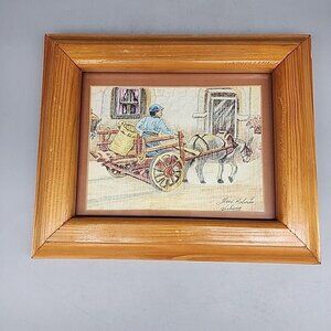 Vintage "Going With Market" Framed Pencil Drawing Wall Art Signed 9.5x11.5"